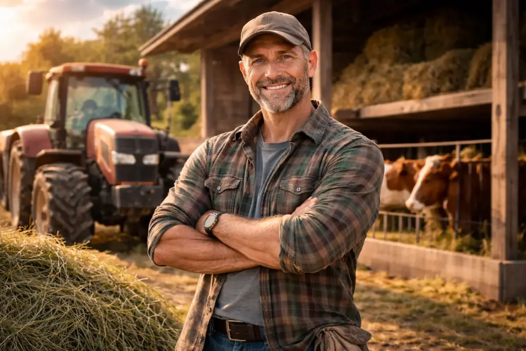 Landwirt vor aufgebautem Weidezelt