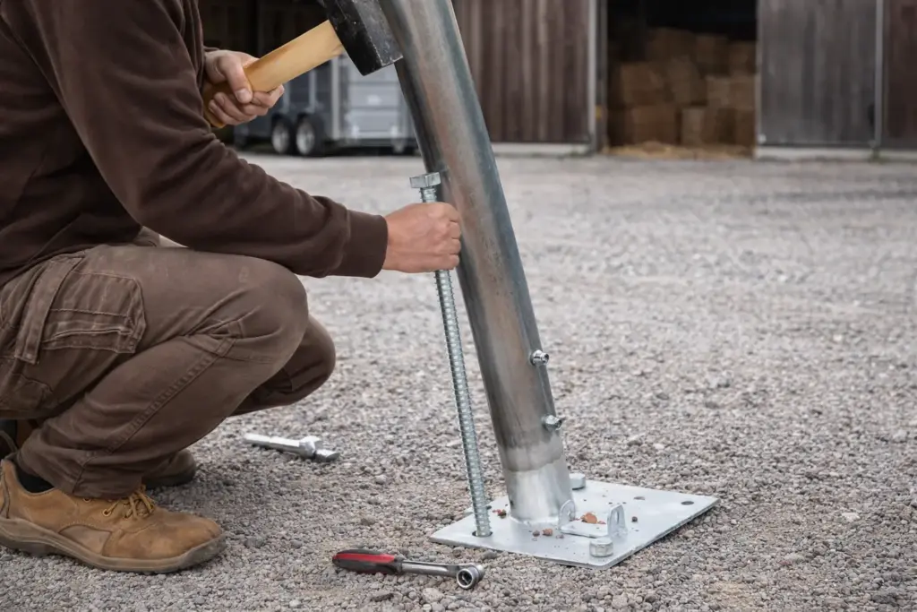 Montage Bodenanker – Befestigung des Gestänges am Untergrund in Nahaufnahme
