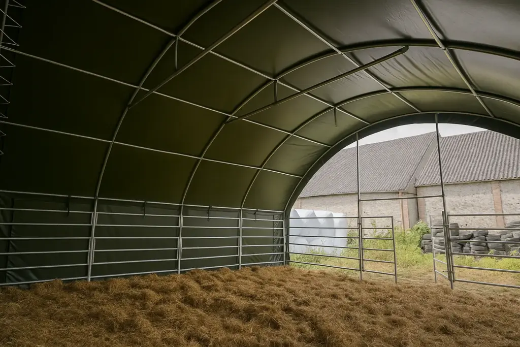 Weidezelt als Unterstand mit Frontgitter – großzügiger Innenraum für Tiere