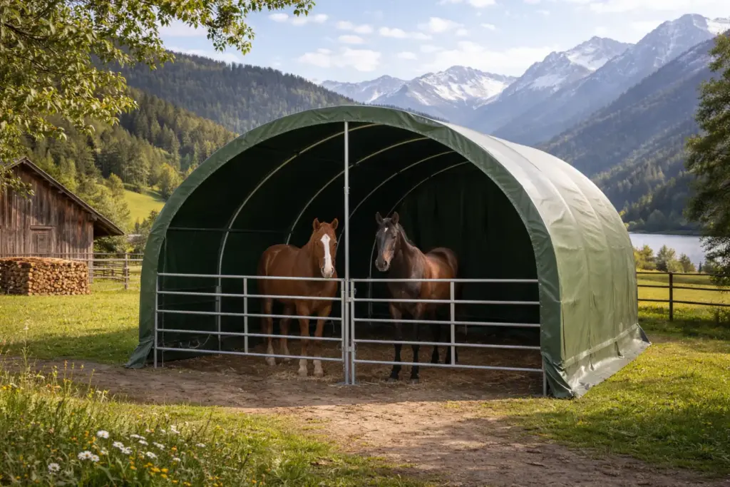 Weidezelt als Unterstand für Pferde auf der Weide