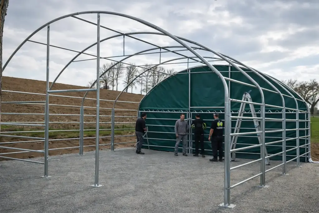 Aufbau eines Weidezelts mit stabiler Stahlkonstruktion